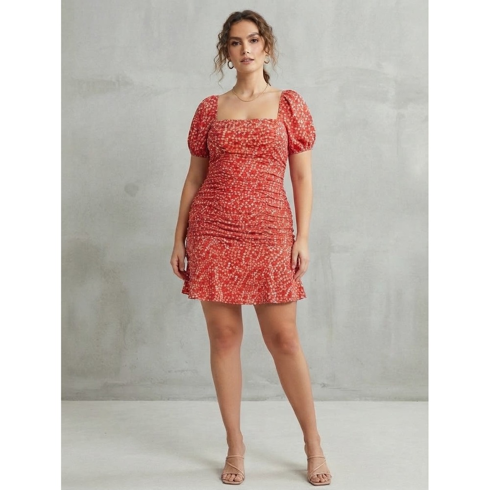 3rd + Malt Red Floral Ruched Puff Sleeve Mini Dress Plus Size 3XL